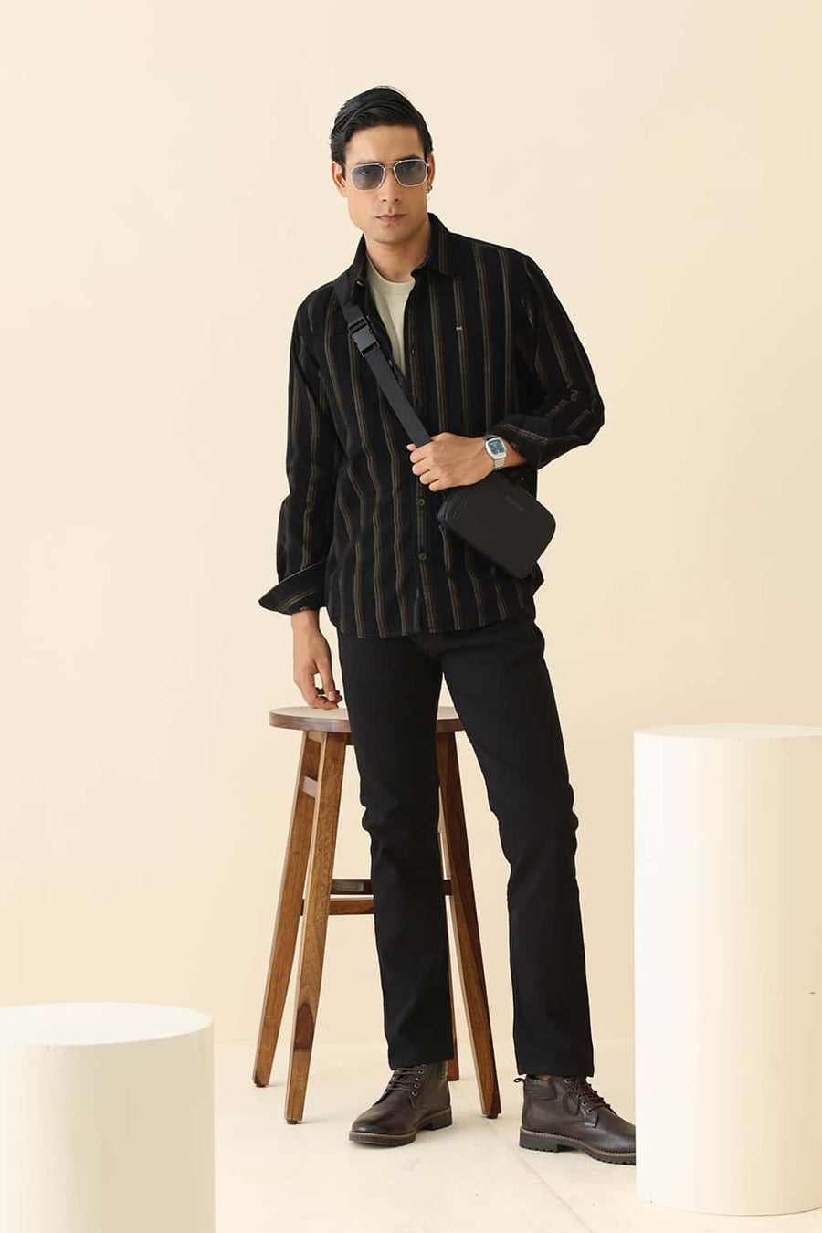 Basics Slim Fit Anthracite Brown Cotton Corduroy Stripe Shirt