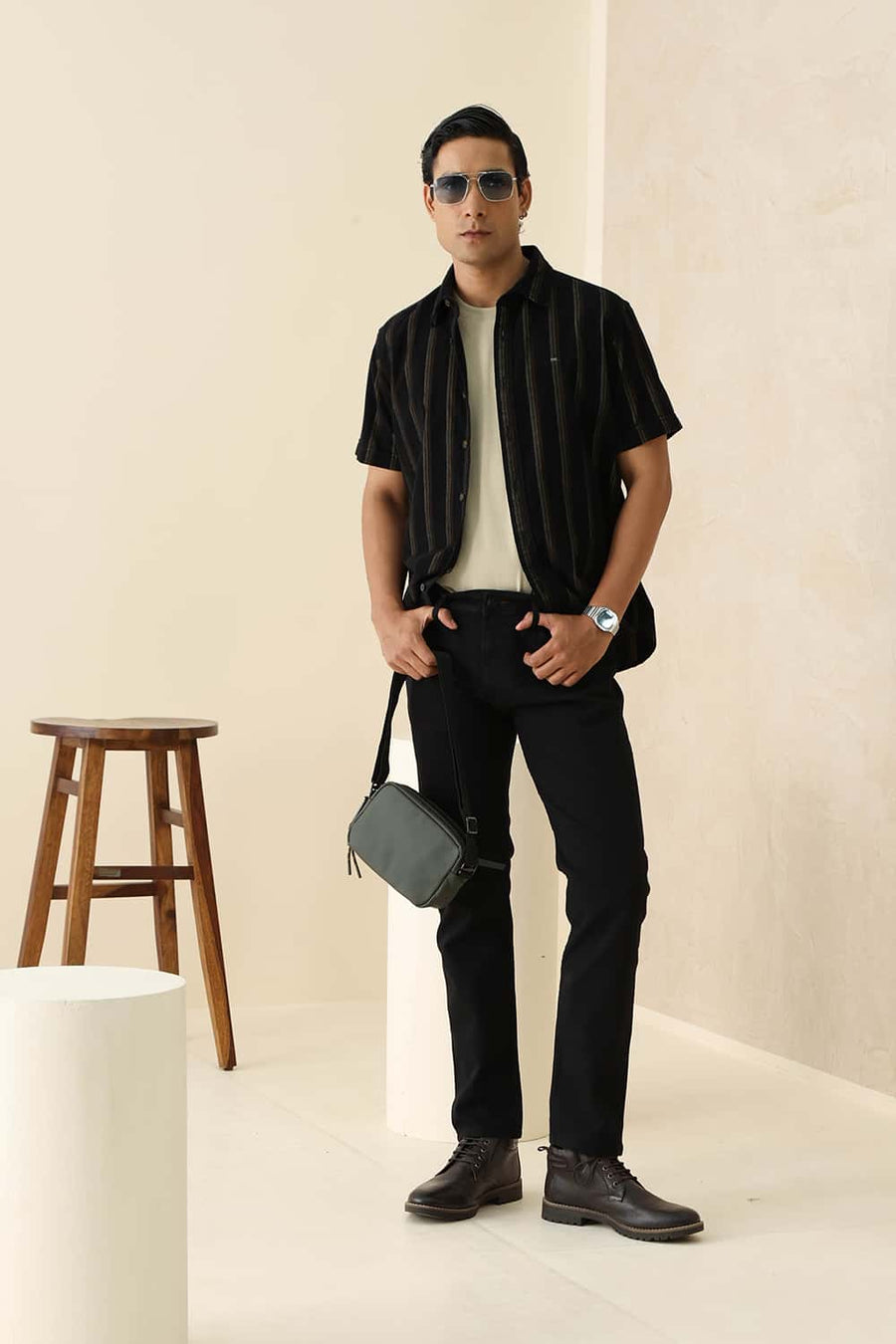 Basics Slim Fit Anthracite Brown Cotton Corduroy Stripe Halfsleeves Shirt