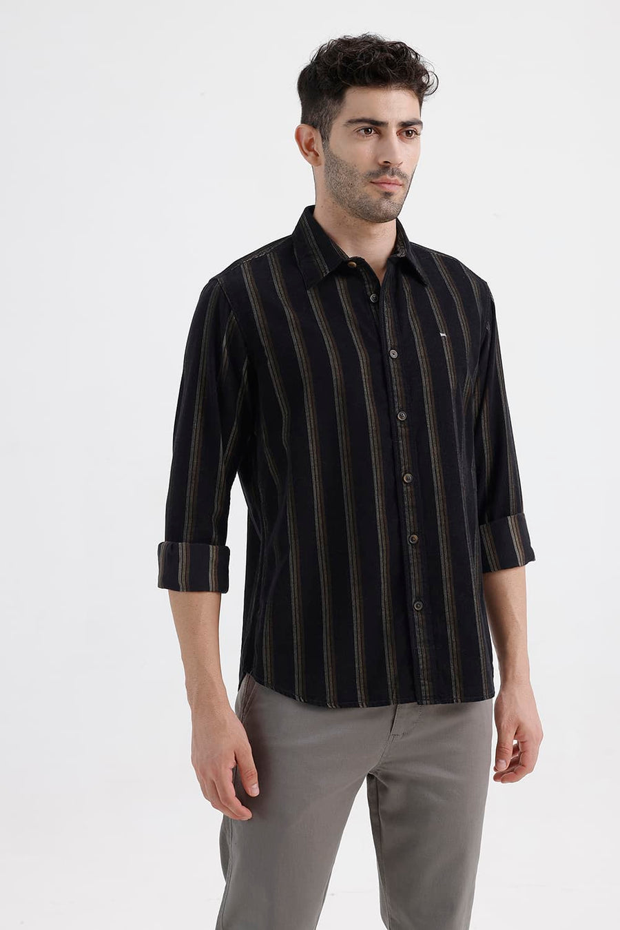 BASICS SLIM FIT ANTHRACITE BROWN COTTON CORDUROY STRIPE SHIRT
