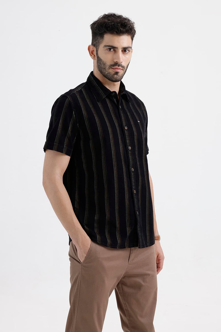 BASICS SLIM FIT ANTHRACITE BROWN COTTON CORDUROY STRIPE HALFSLEEVES SHIRT