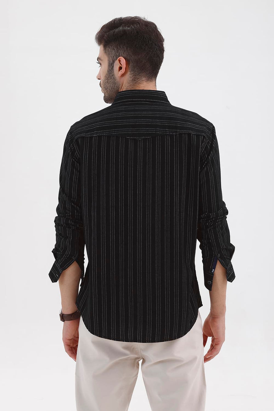 BASICS SLIM FIT BRISTOL BLACK COTTON CORDUROY STRIPE SHIRT
