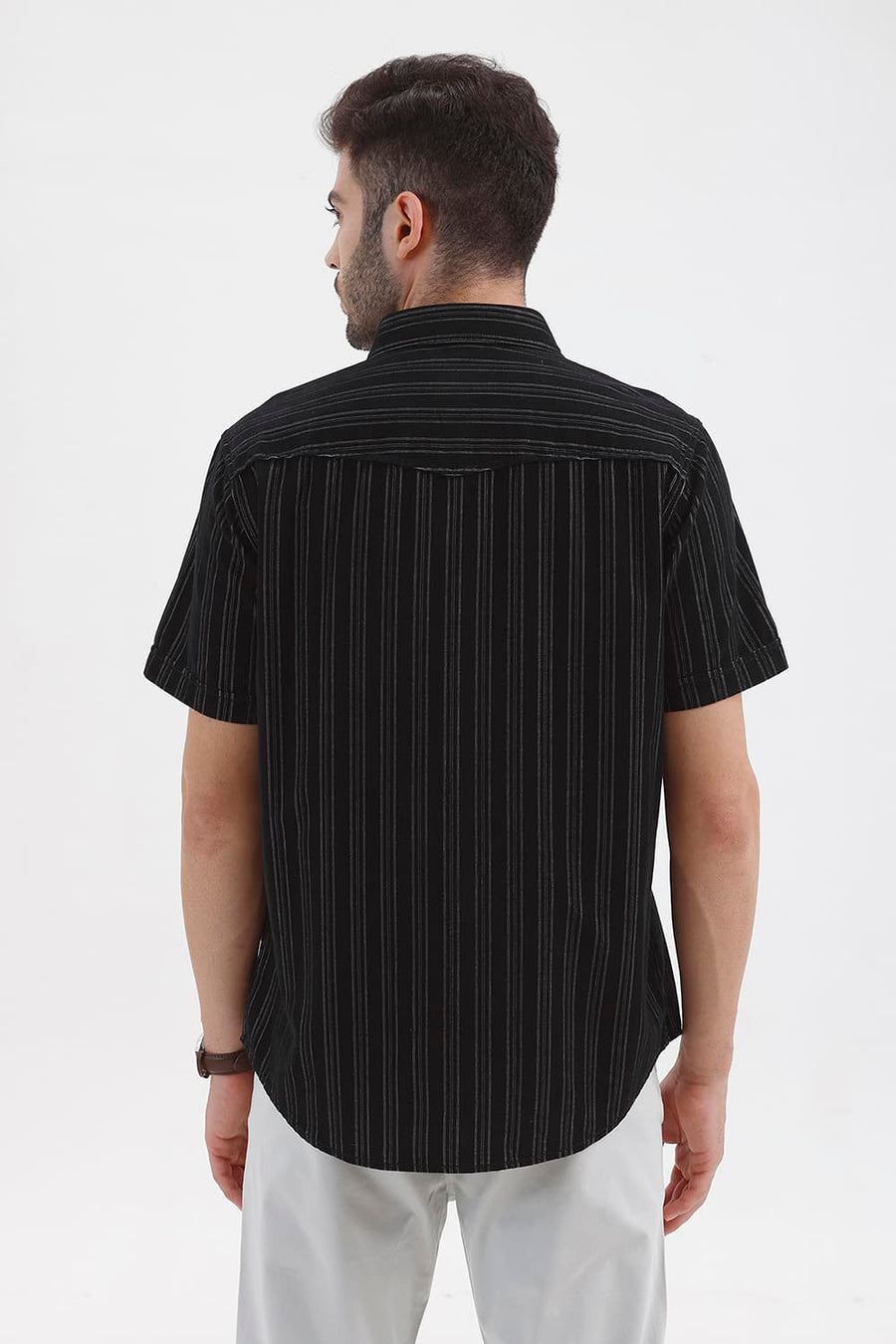 BASICS SLIM FIT BRISTOL BLACK COTTON CORDUROY STRIPE HALFSLEEVES SHIRT