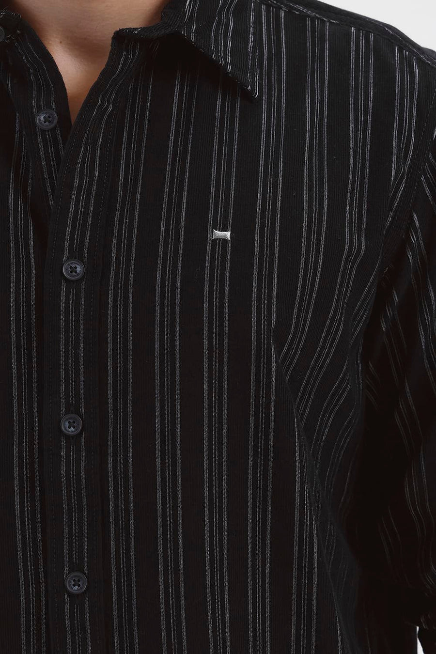 BASICS SLIM FIT BRISTOL BLACK COTTON CORDUROY STRIPE SHIRT