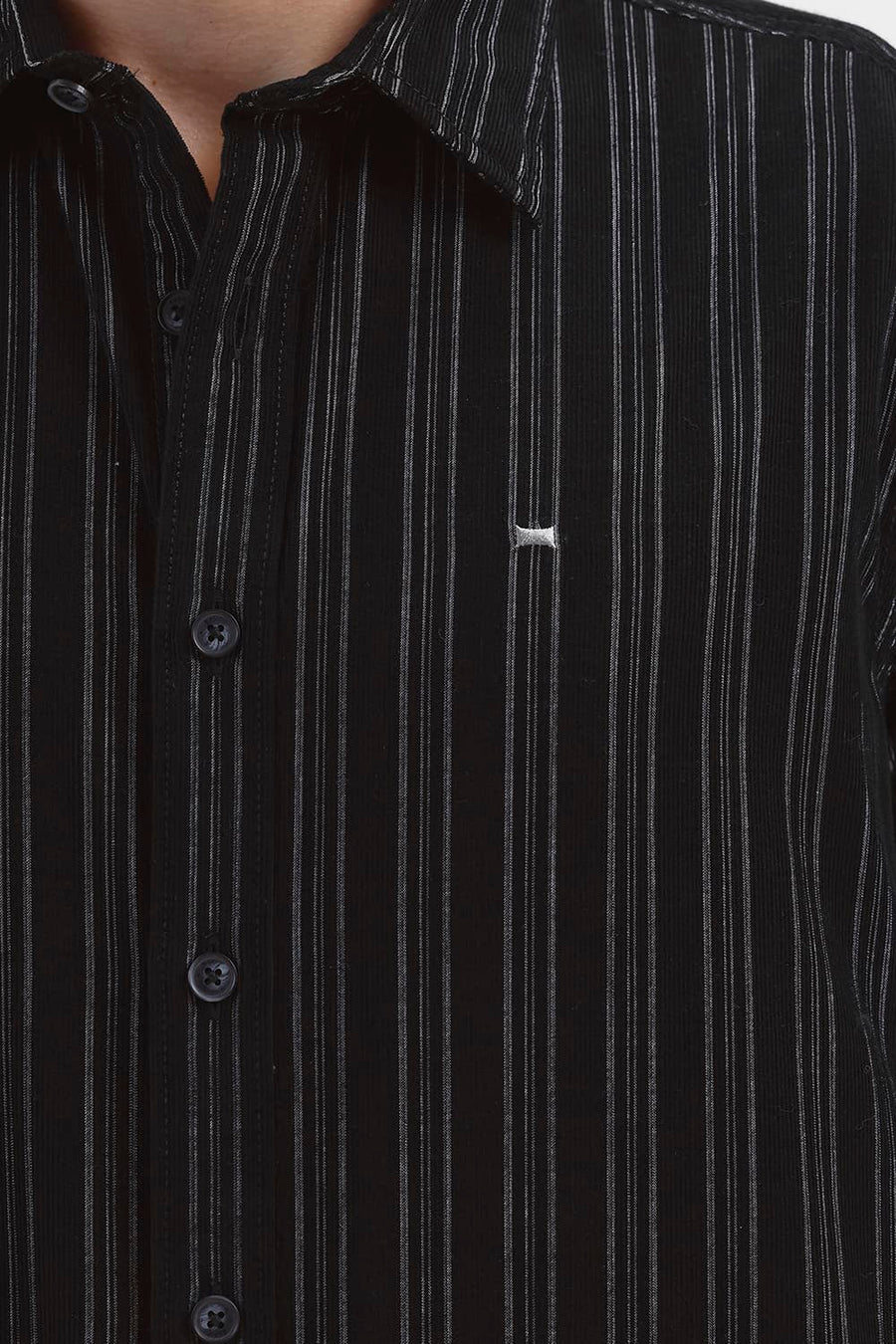 BASICS SLIM FIT BRISTOL BLACK COTTON CORDUROY STRIPE HALFSLEEVES SHIRT