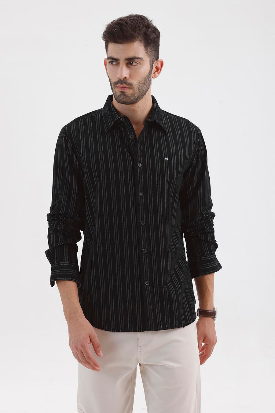 BASICS SLIM FIT BRISTOL BLACK COTTON CORDUROY STRIPE SHIRT