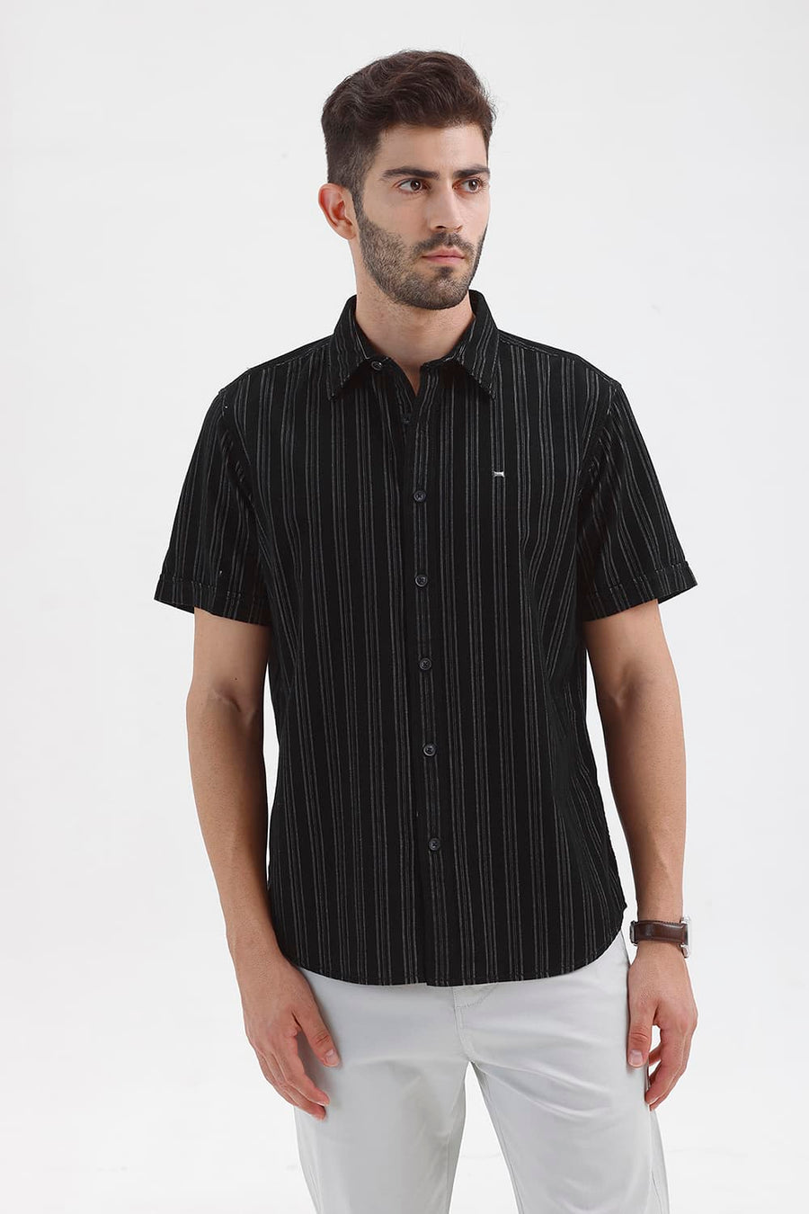 BASICS SLIM FIT BRISTOL BLACK COTTON CORDUROY STRIPE HALFSLEEVES SHIRT