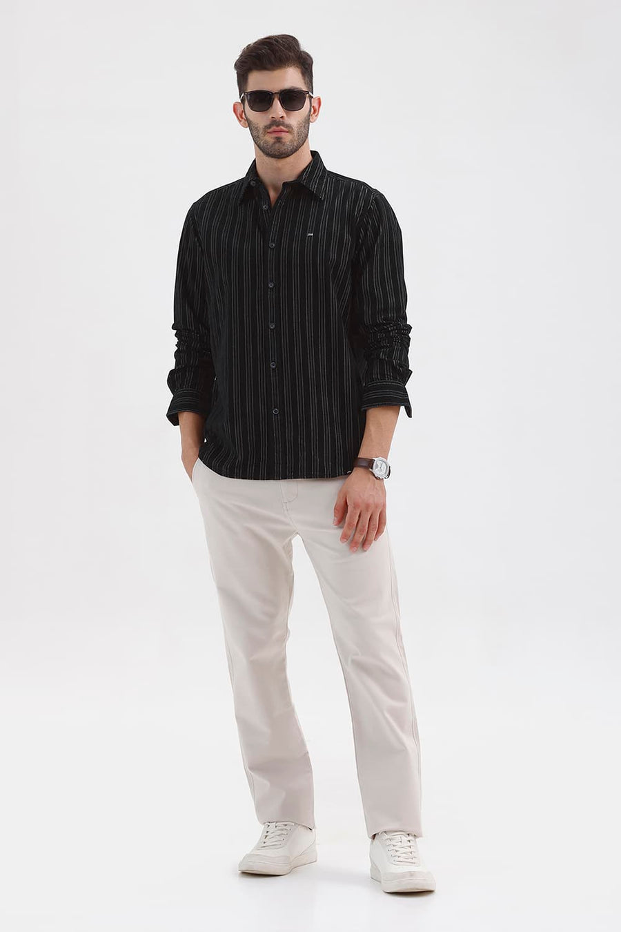BASICS SLIM FIT BRISTOL BLACK COTTON CORDUROY STRIPE SHIRT