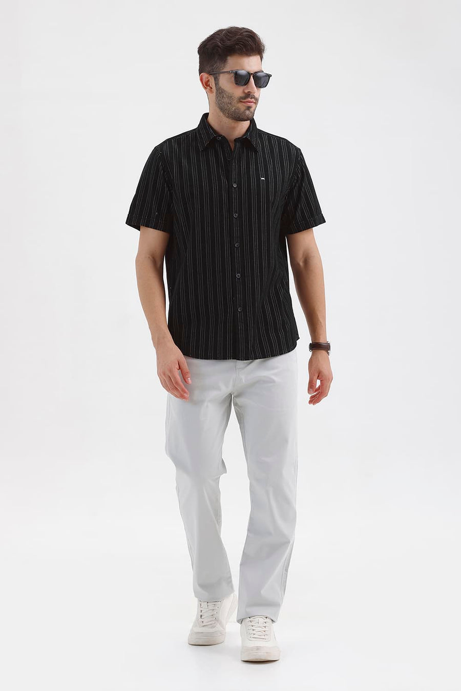 BASICS SLIM FIT BRISTOL BLACK COTTON CORDUROY STRIPE HALFSLEEVES SHIRT