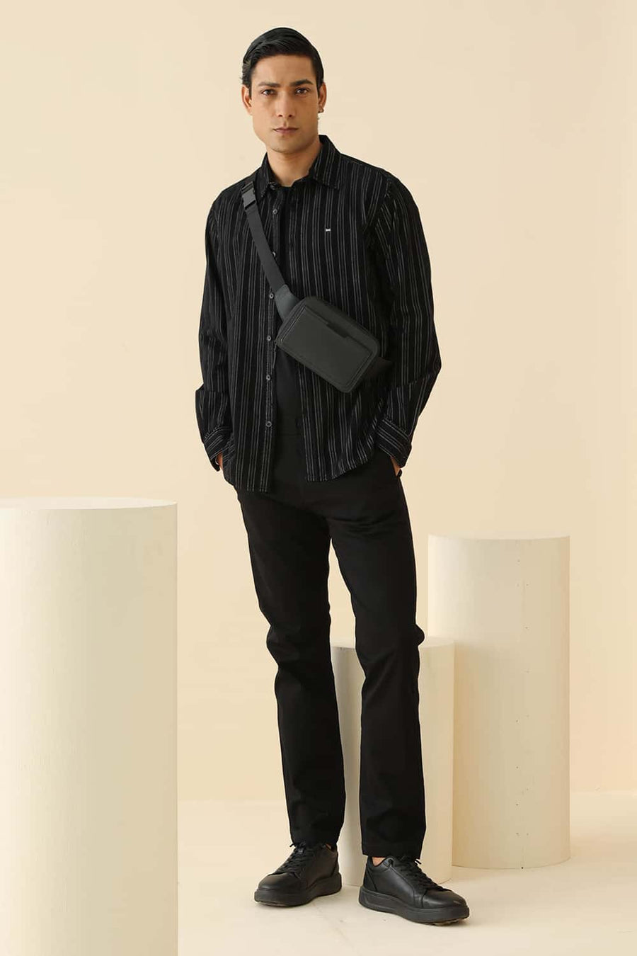 Basics Slim Fit Bristol Black Cotton Corduroy Stripe Shirt
