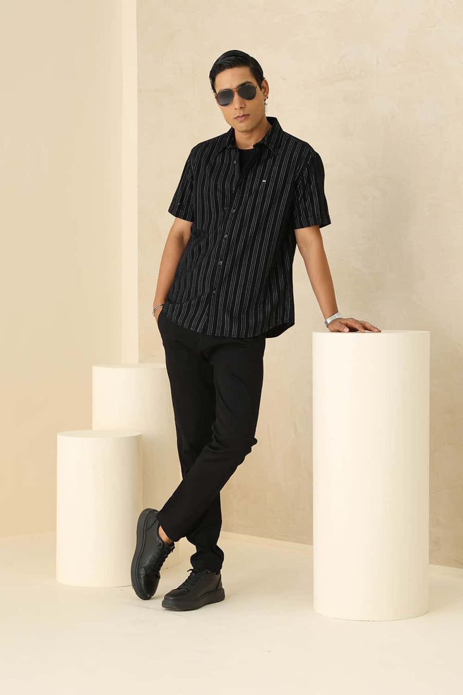 Basics Slim Fit Bristol Black Cotton Corduroy Stripe Halfsleeves Shirt