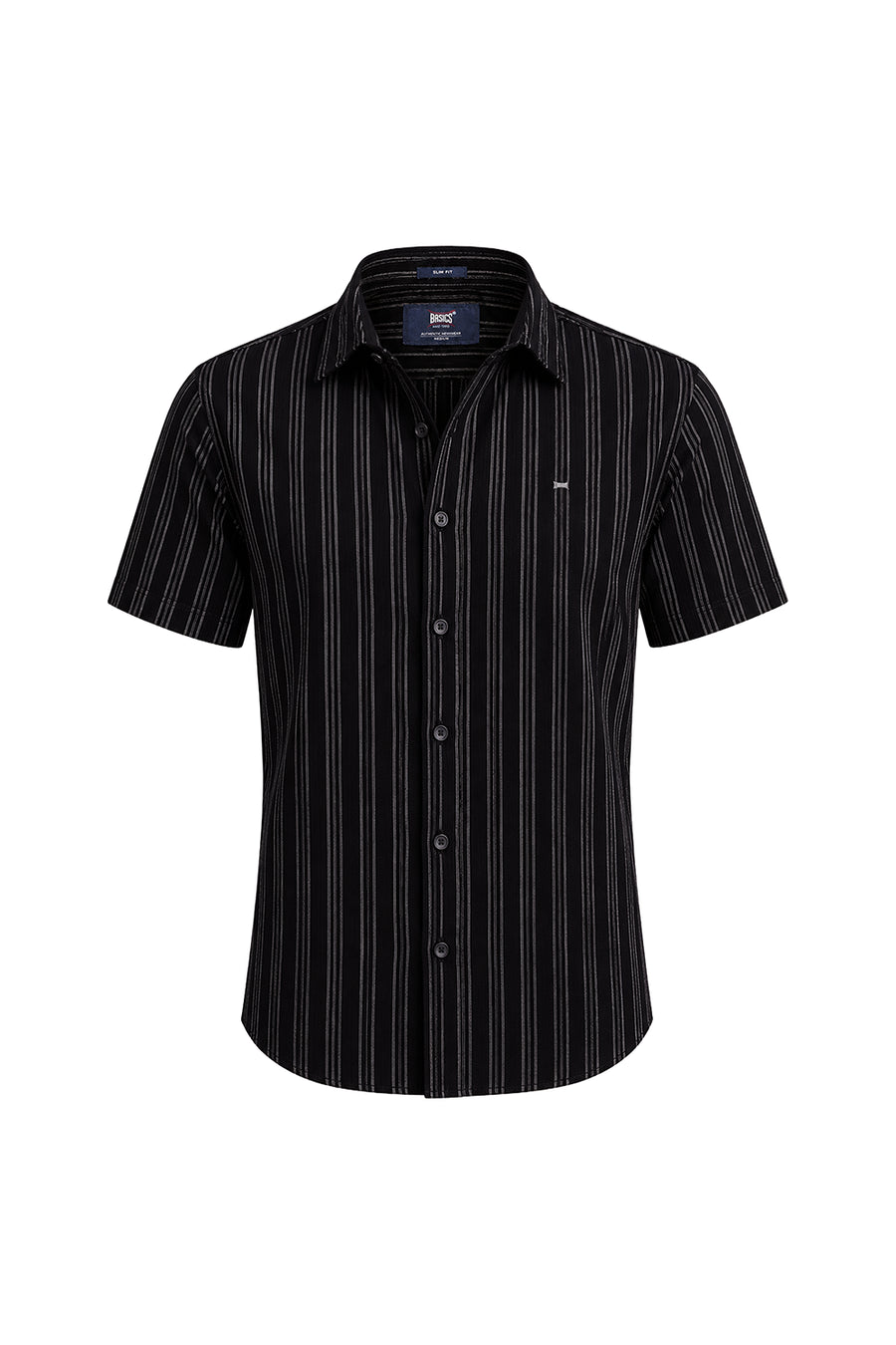 BASICS SLIM FIT BRISTOL BLACK COTTON CORDUROY STRIPE HALFSLEEVES SHIRT