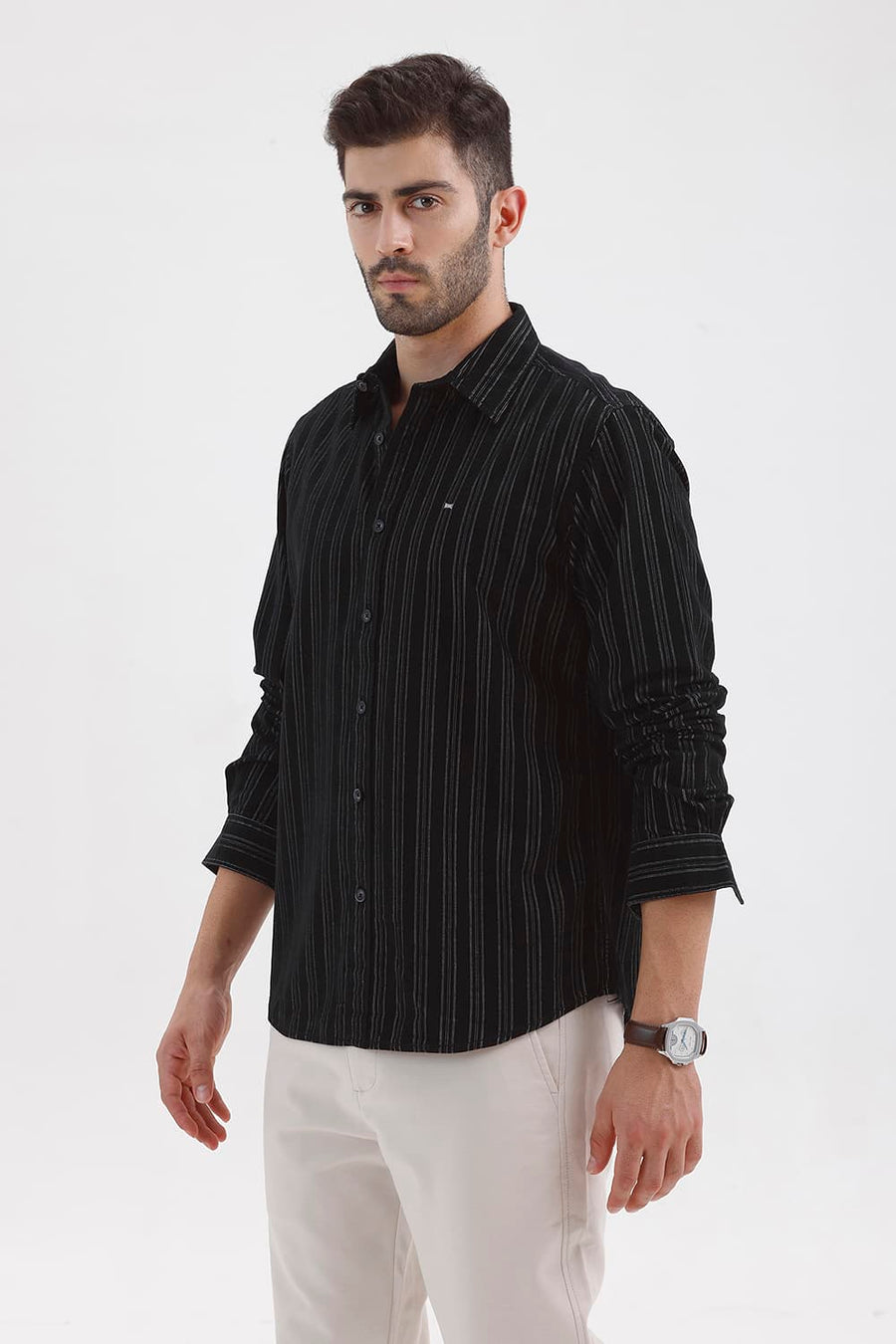 BASICS SLIM FIT BRISTOL BLACK COTTON CORDUROY STRIPE SHIRT