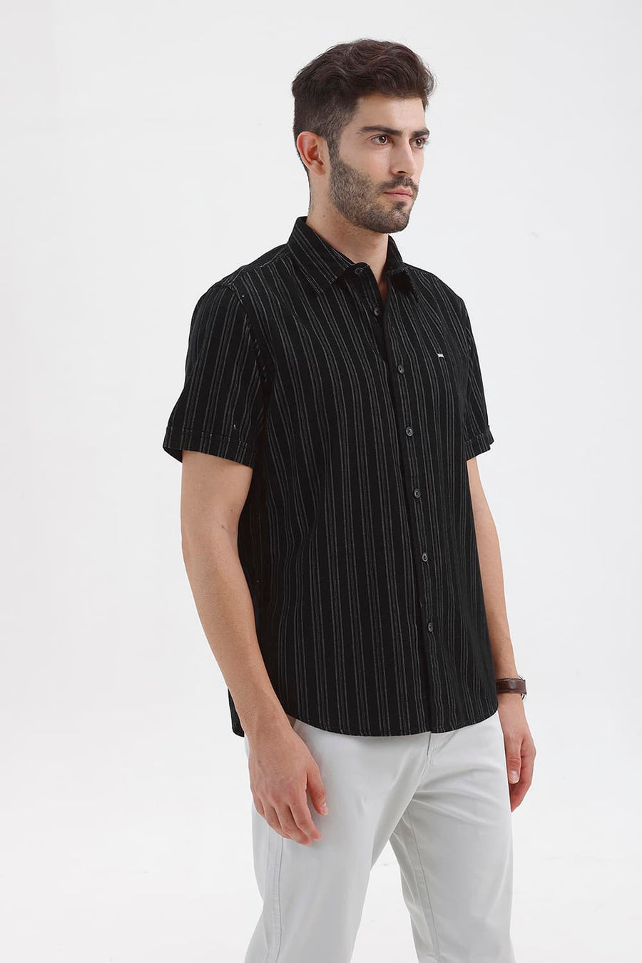 BASICS SLIM FIT BRISTOL BLACK COTTON CORDUROY STRIPE HALFSLEEVES SHIRT