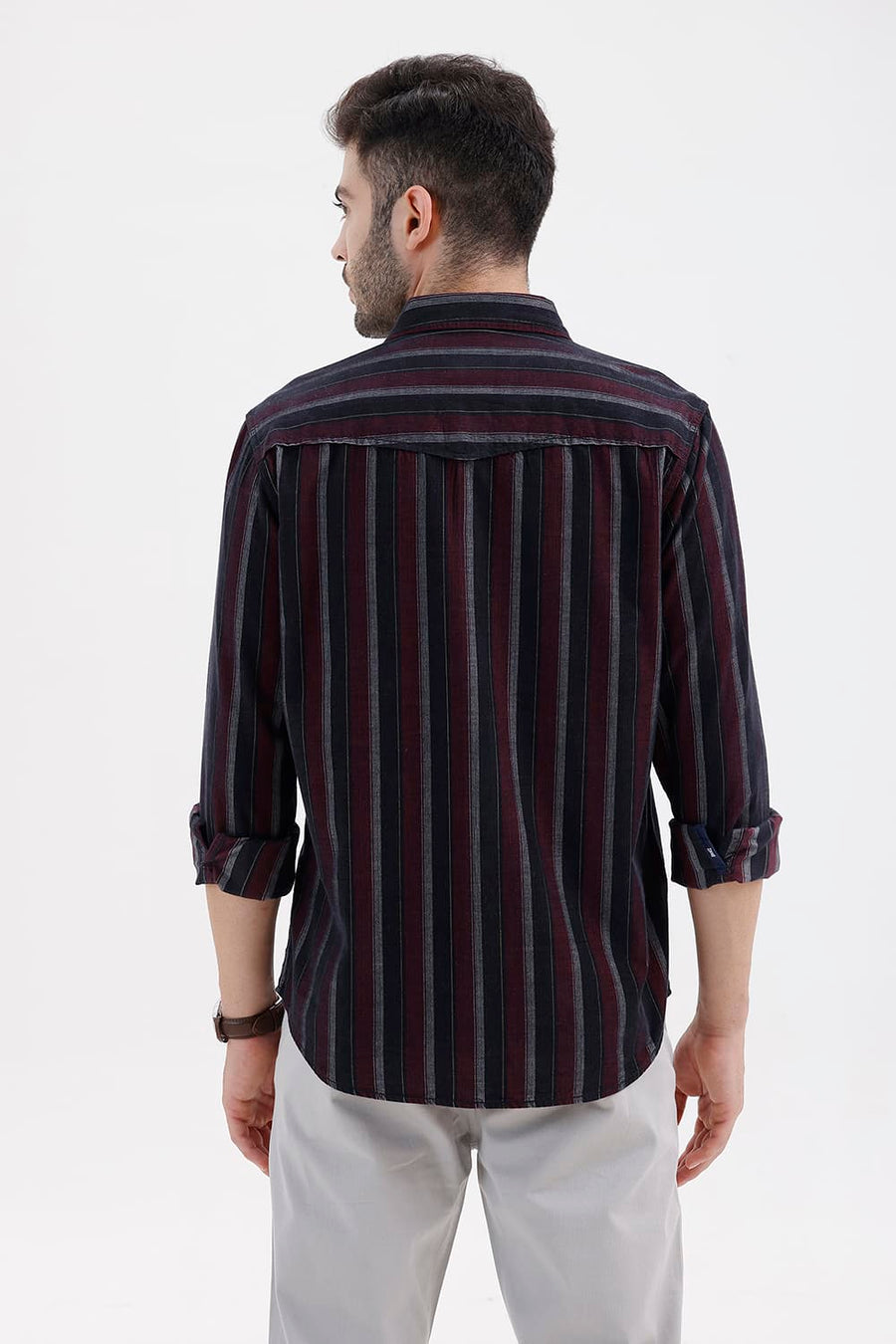 BASICS SLIM FIT BLACK OYSTER COTTON CORDUROY STRIPE SHIRT