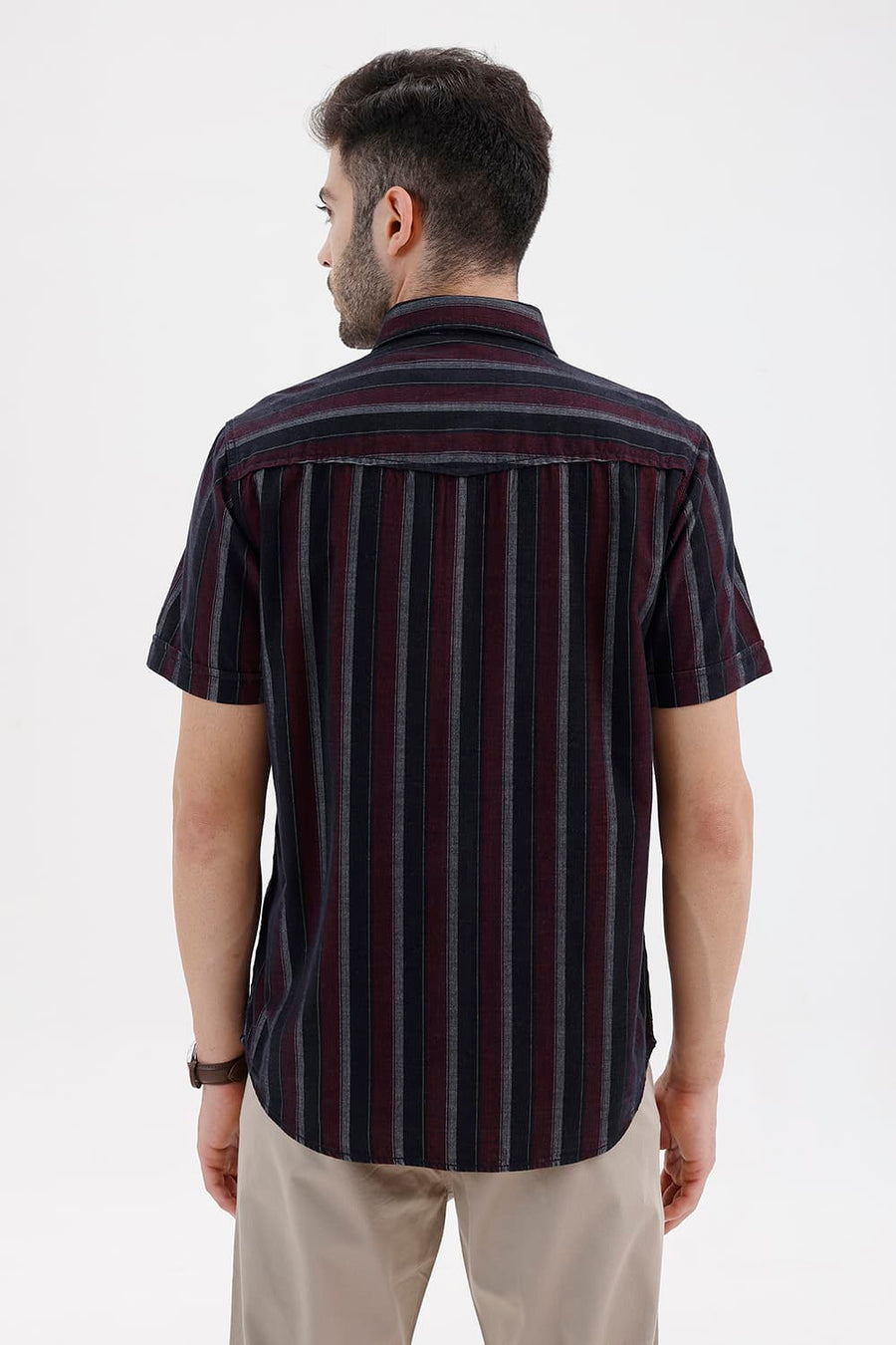 BASICS SLIM FIT BLACK OYSTER COTTON CORDUROY STRIPE HALFSLEEVES SHIRT