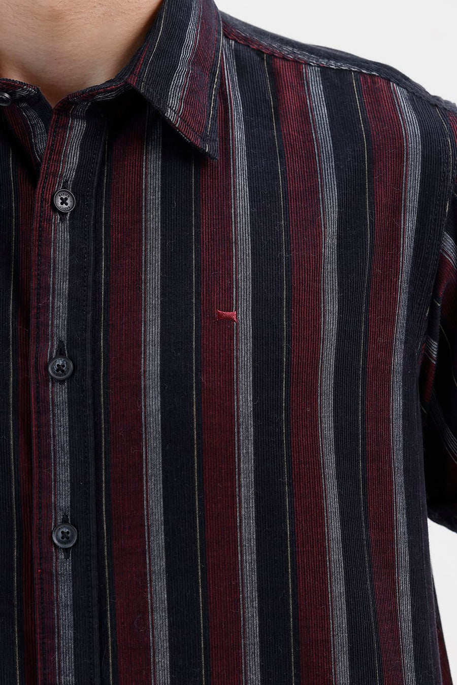 BASICS SLIM FIT BLACK OYSTER COTTON CORDUROY STRIPE HALFSLEEVES SHIRT
