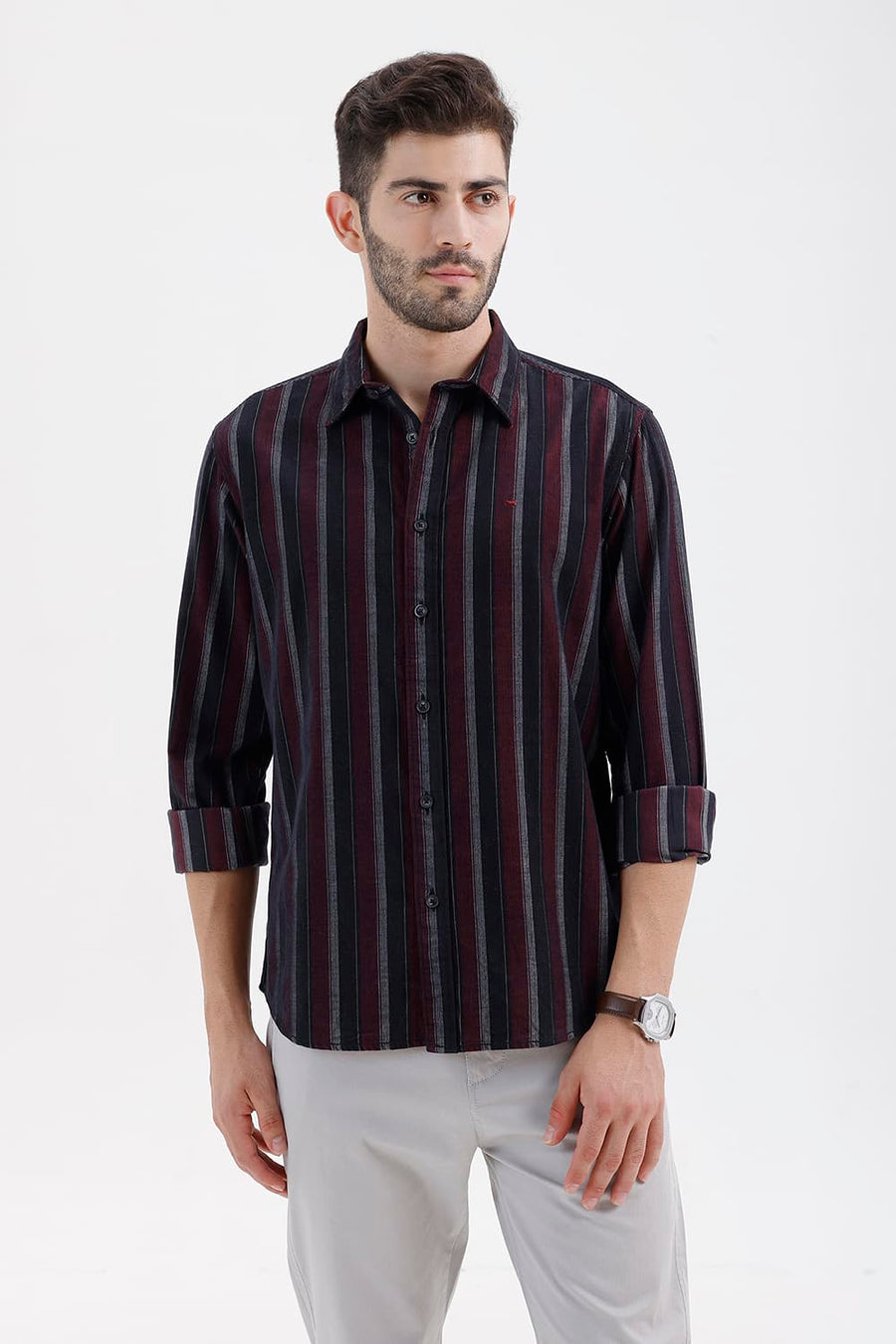 BASICS SLIM FIT BLACK OYSTER COTTON CORDUROY STRIPE SHIRT