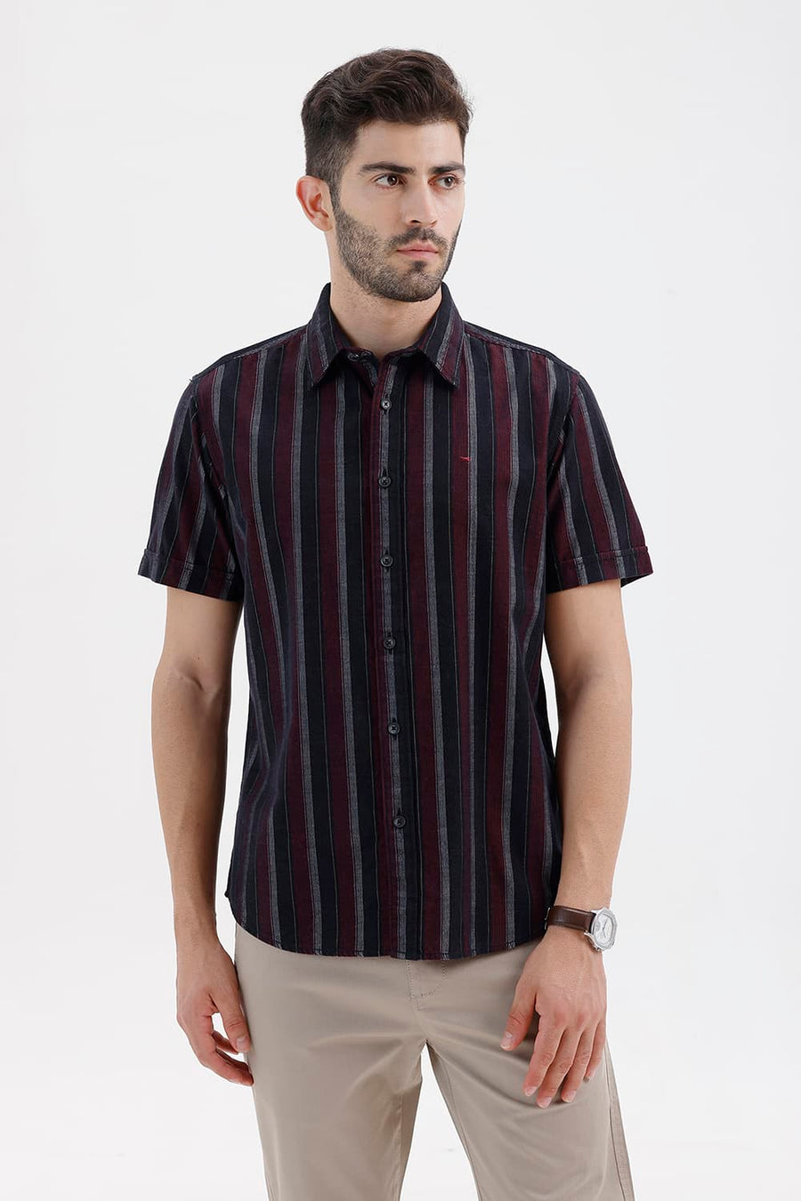 BASICS SLIM FIT BLACK OYSTER COTTON CORDUROY STRIPE HALFSLEEVES SHIRT