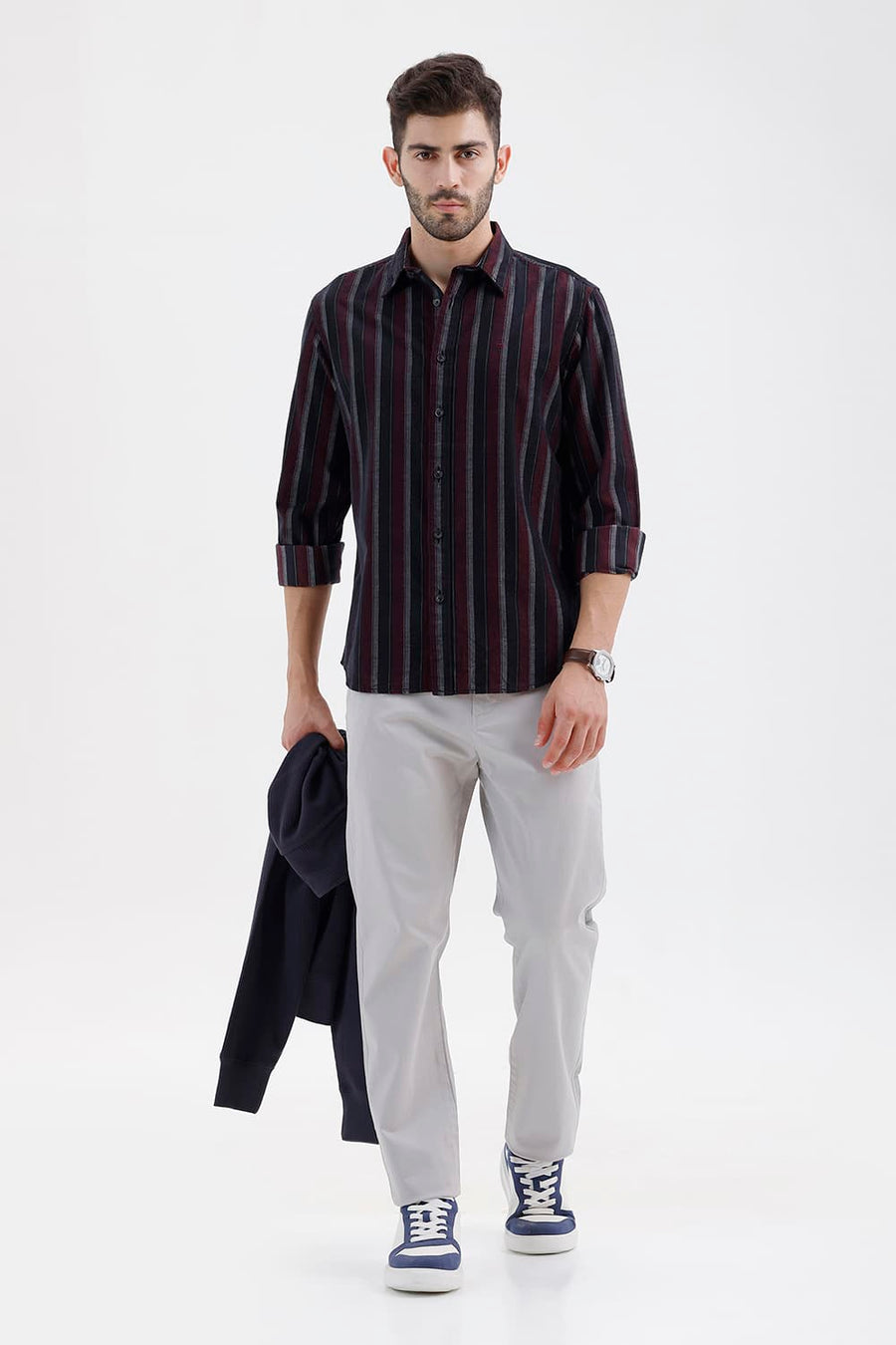 BASICS SLIM FIT BLACK OYSTER COTTON CORDUROY STRIPE SHIRT