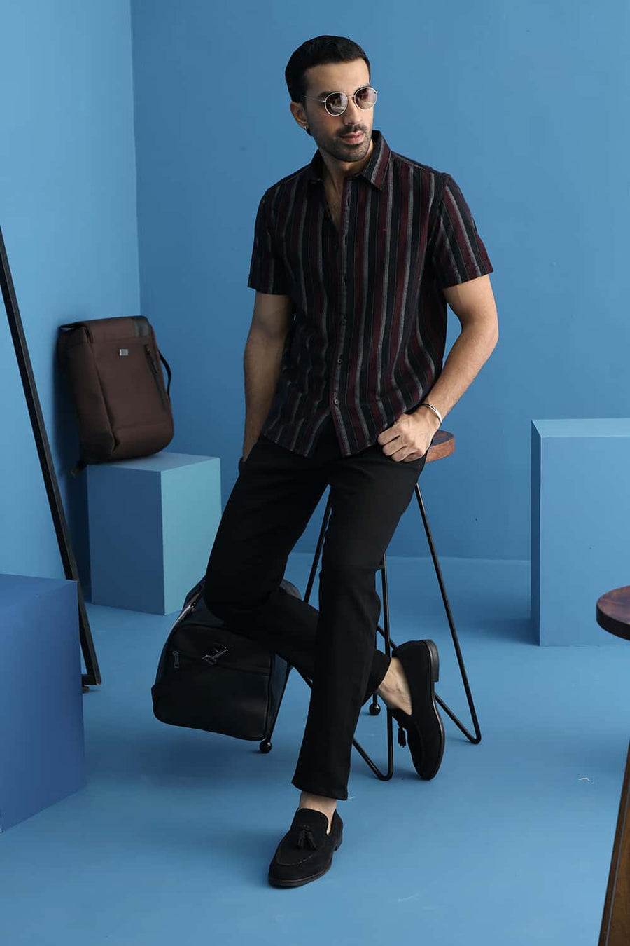Basics Slim Fit Black Oyster Cotton Corduroy Stripe Halfsleeves Shirt