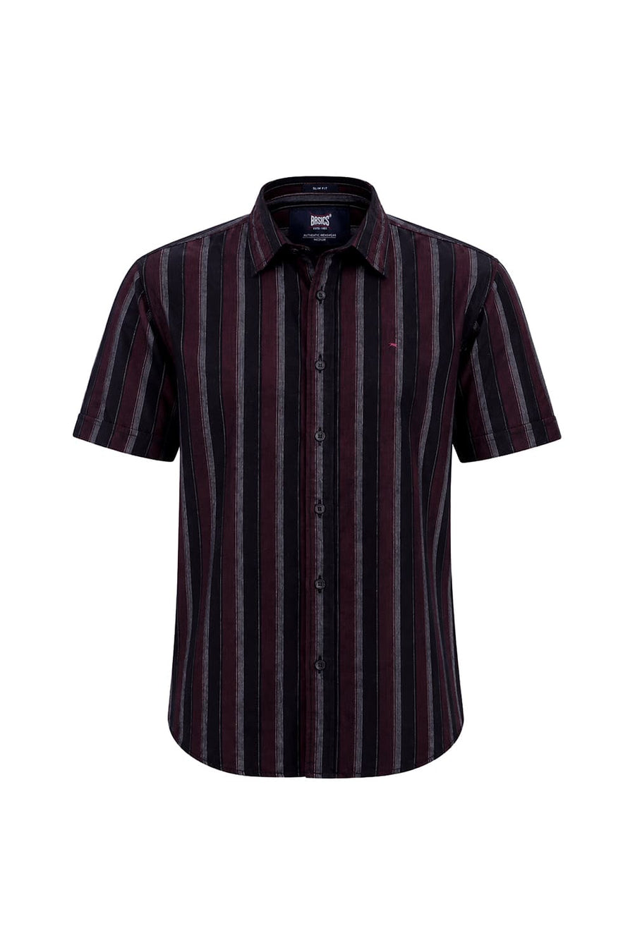BASICS SLIM FIT BLACK OYSTER COTTON CORDUROY STRIPE HALFSLEEVES SHIRT
