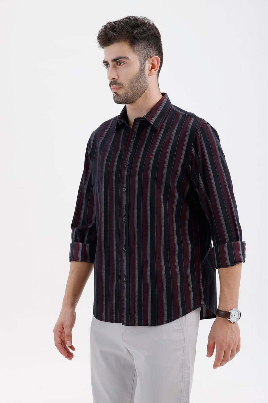 BASICS SLIM FIT BLACK OYSTER COTTON CORDUROY STRIPE SHIRT