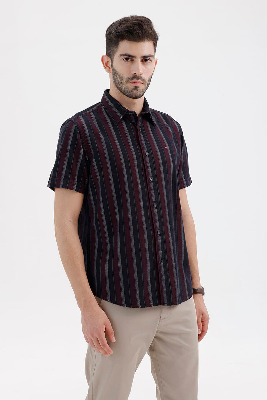 BASICS SLIM FIT BLACK OYSTER COTTON CORDUROY STRIPE HALFSLEEVES SHIRT