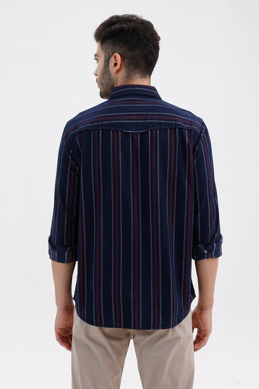 BASICS SLIM FIT NAVY SALUTE COTTON CORDUROY STRIPE SHIRT