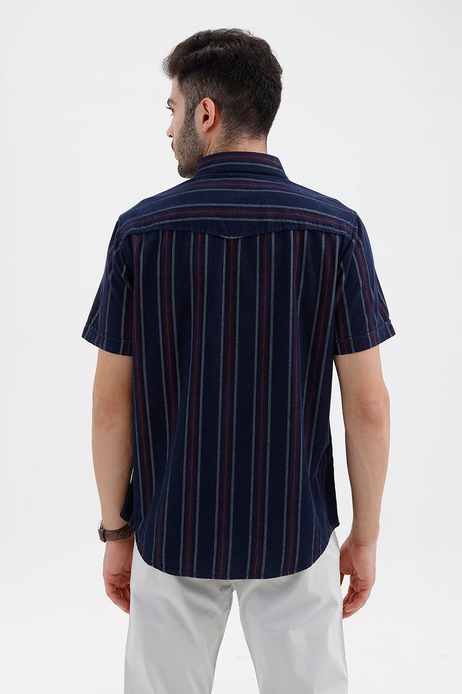 BASICS SLIM FIT NAVY SALUTE COTTON CORDUROY STRIPE HALFSLEEVES SHIRT