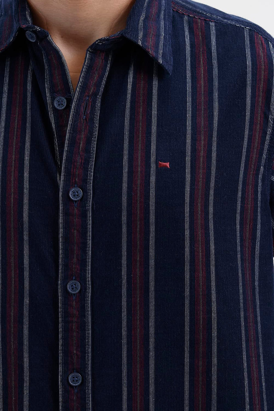 BASICS SLIM FIT NAVY SALUTE COTTON CORDUROY STRIPE HALFSLEEVES SHIRT