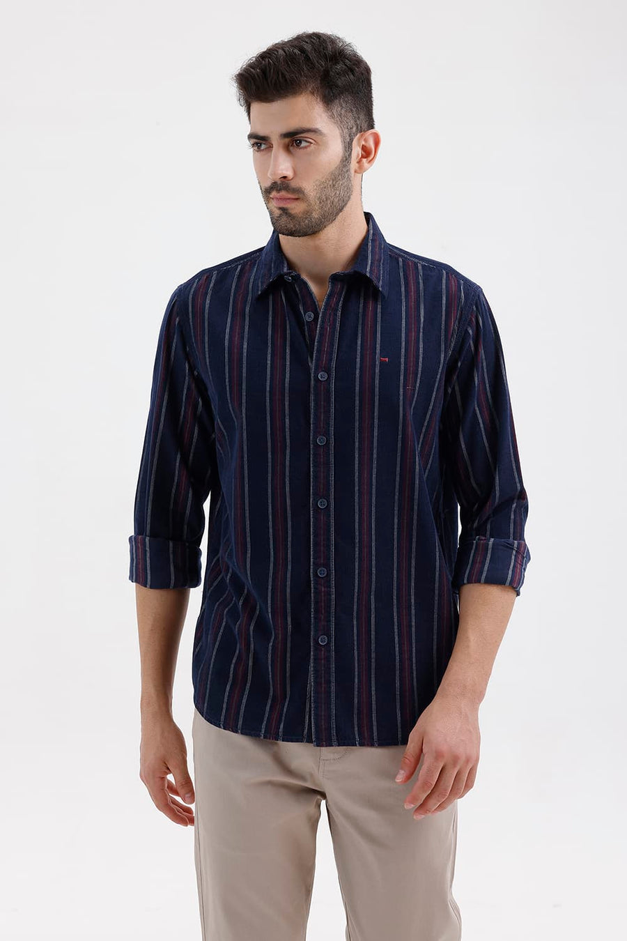 BASICS SLIM FIT NAVY SALUTE COTTON CORDUROY STRIPE SHIRT