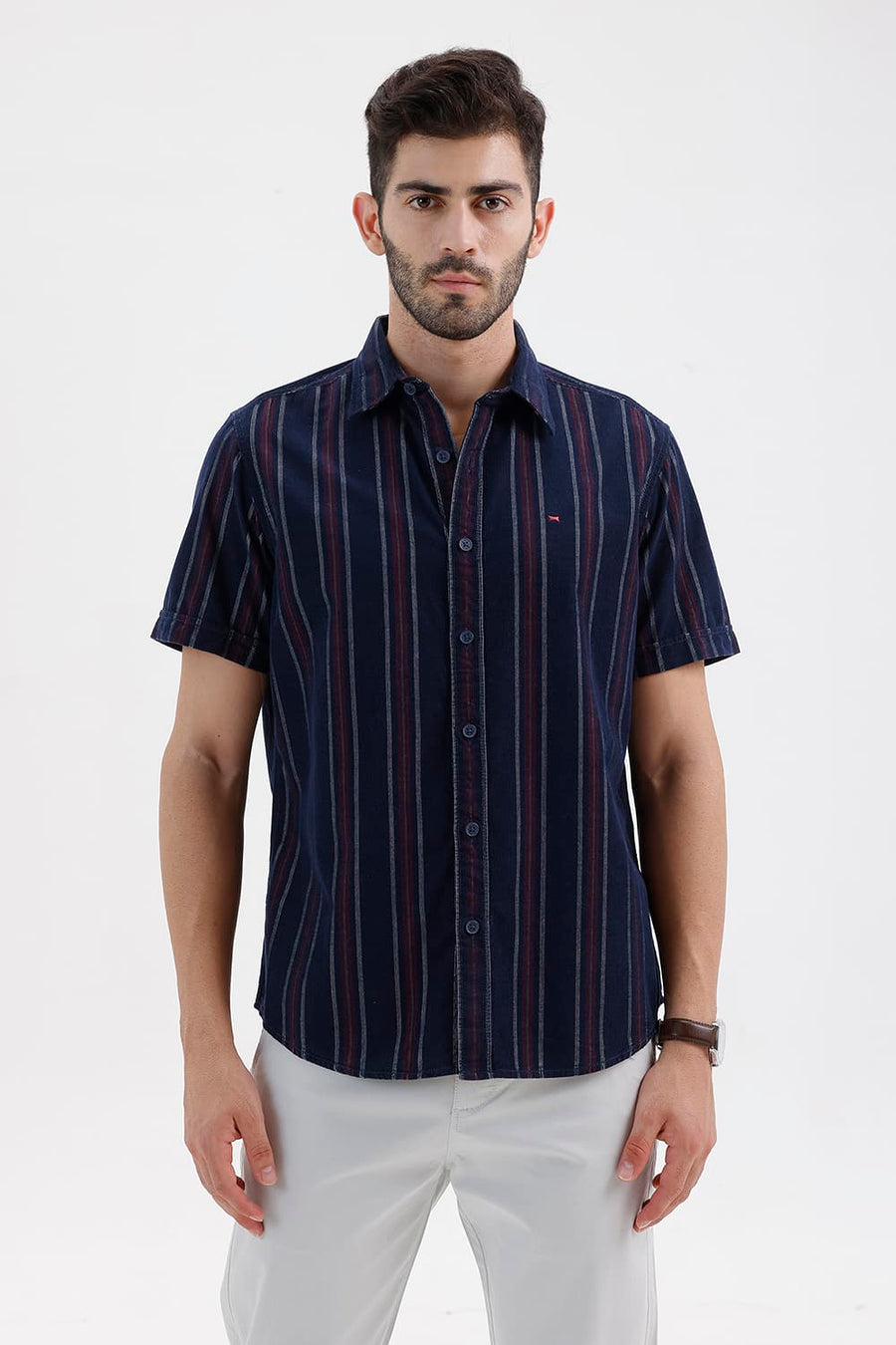 BASICS SLIM FIT NAVY SALUTE COTTON CORDUROY STRIPE HALFSLEEVES SHIRT