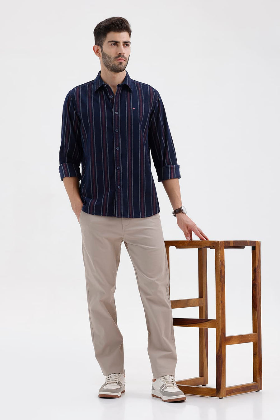 BASICS SLIM FIT NAVY SALUTE COTTON CORDUROY STRIPE SHIRT