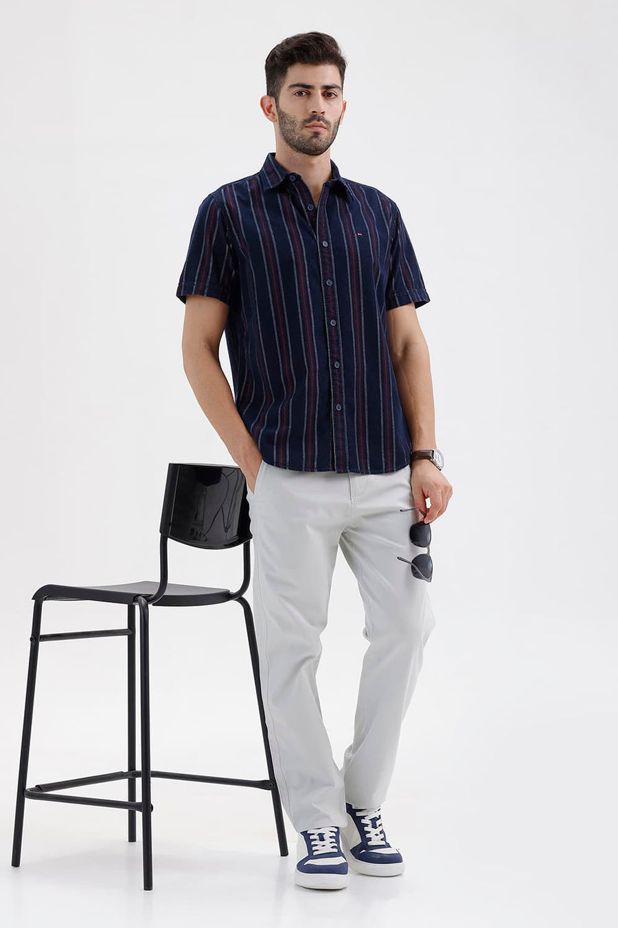 BASICS SLIM FIT NAVY SALUTE COTTON CORDUROY STRIPE HALFSLEEVES SHIRT