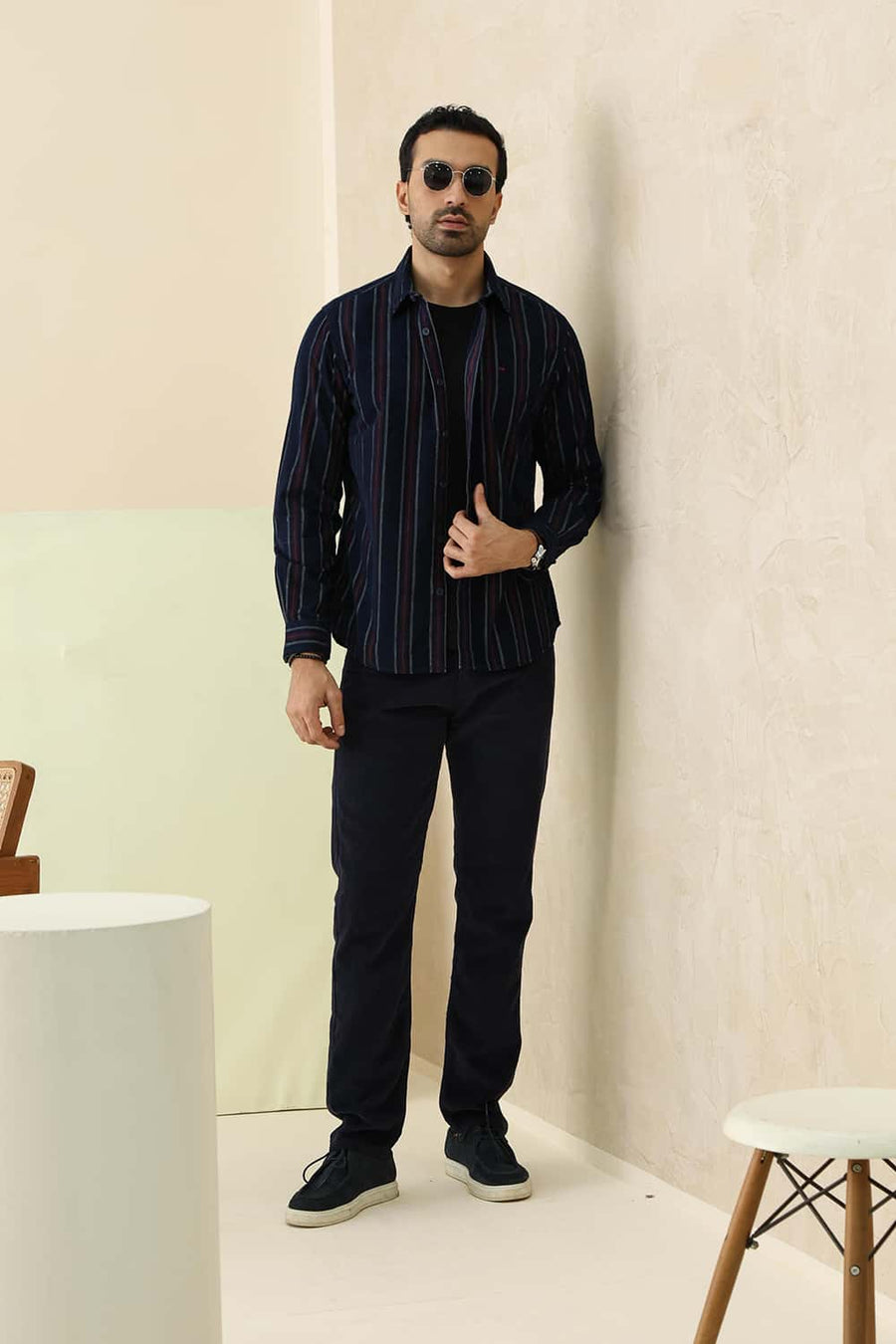 Basics Slim Fit Navy Salute Cotton Corduroy Stripe Shirt
