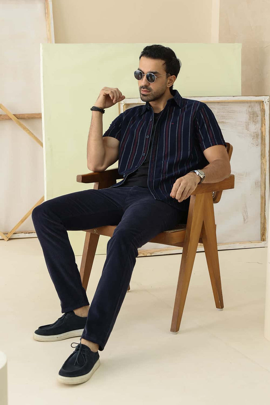 Basics Slim Fit Navy Salute Cotton Corduroy Stripe Halfsleeves Shirt