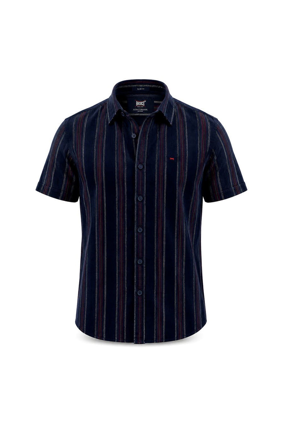 BASICS SLIM FIT NAVY SALUTE COTTON CORDUROY STRIPE HALFSLEEVES SHIRT