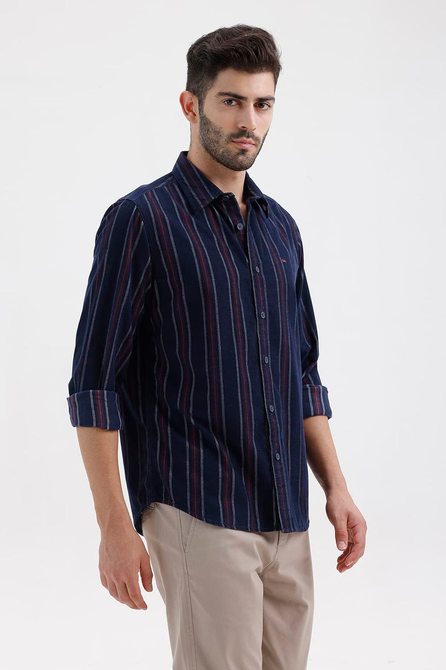 BASICS SLIM FIT NAVY SALUTE COTTON CORDUROY STRIPE SHIRT
