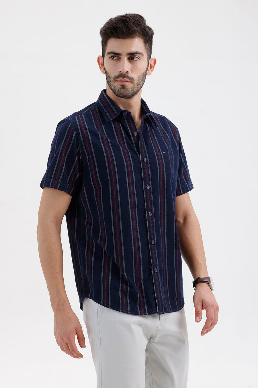 BASICS SLIM FIT NAVY SALUTE COTTON CORDUROY STRIPE HALFSLEEVES SHIRT