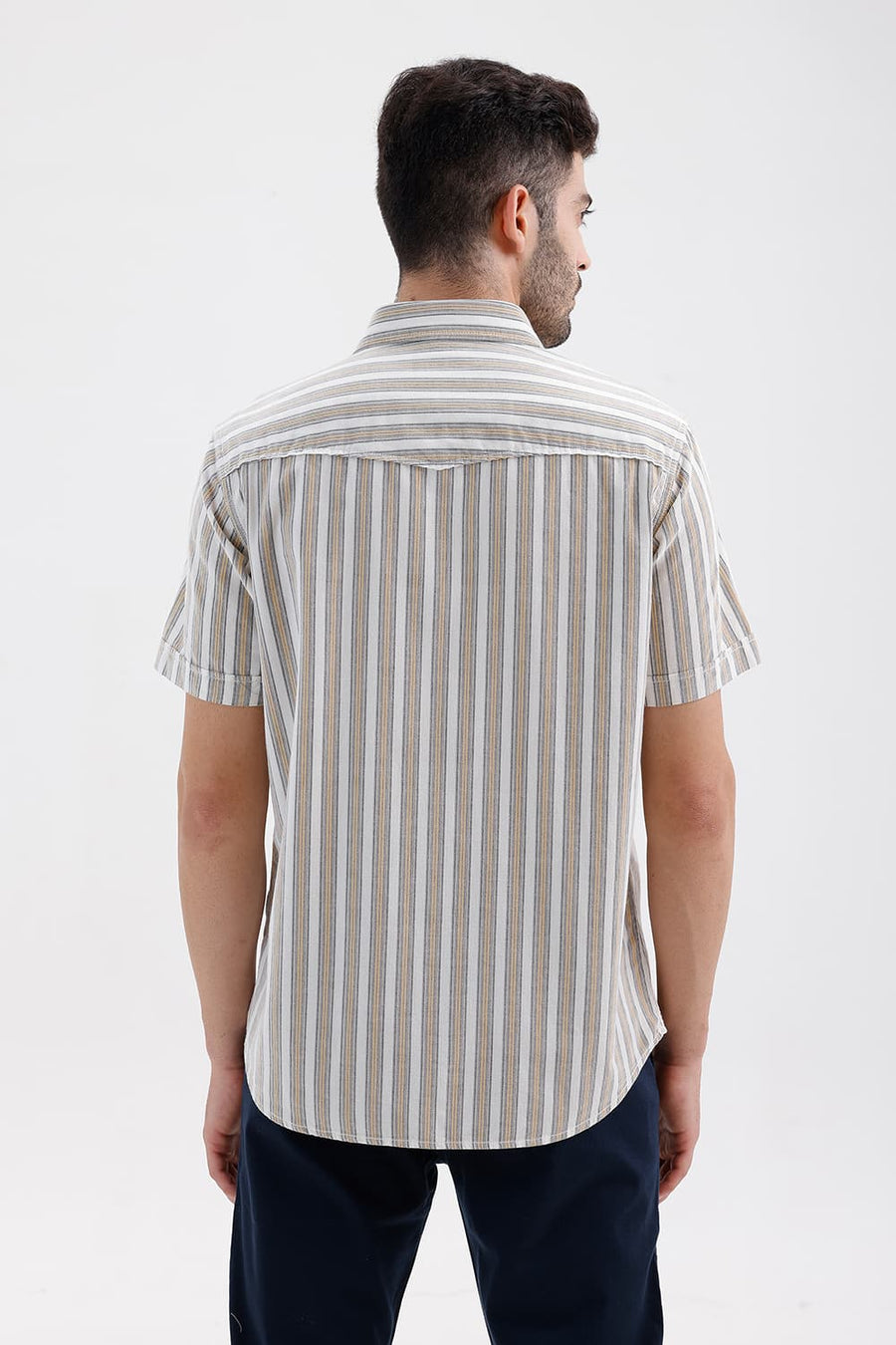 BASICS SLIM FIT CLOUD ECRU COTTON CORDUROY STRIPE HALFSLEEVES SHIRT