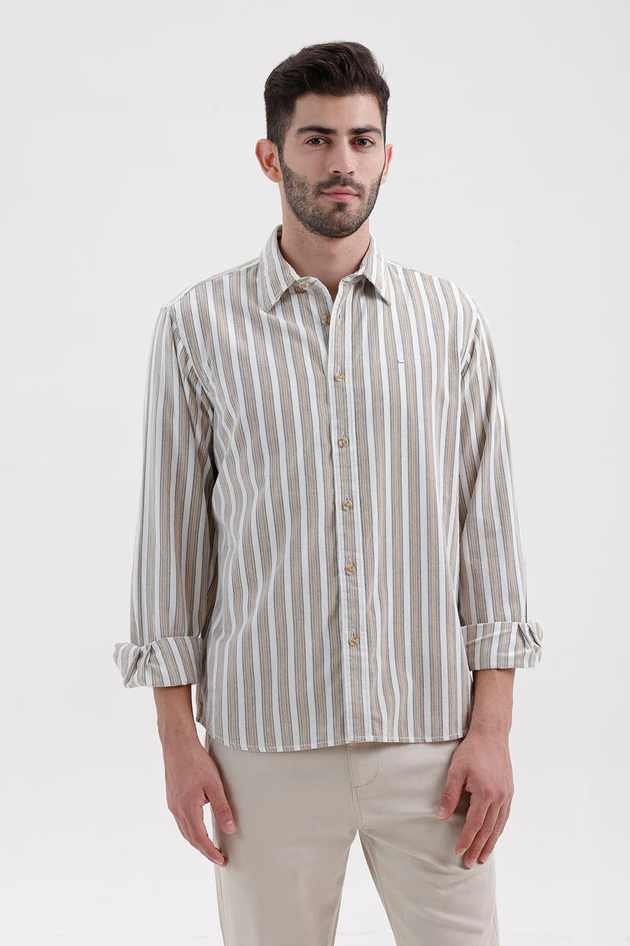 BASICS SLIM FIT CLOUD ECRU COTTON CORDUROY STRIPE SHIRT