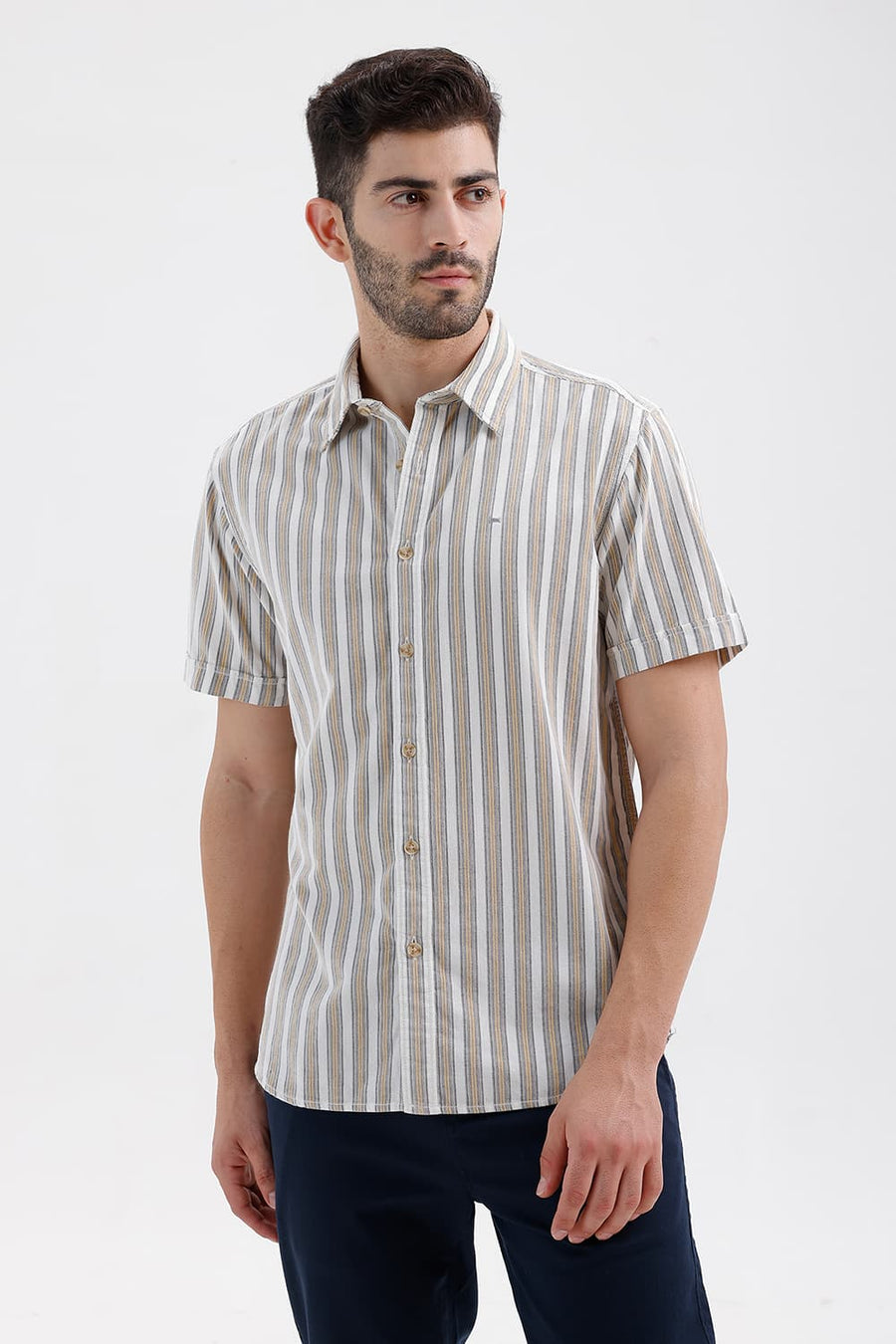 BASICS SLIM FIT CLOUD ECRU COTTON CORDUROY STRIPE HALFSLEEVES SHIRT