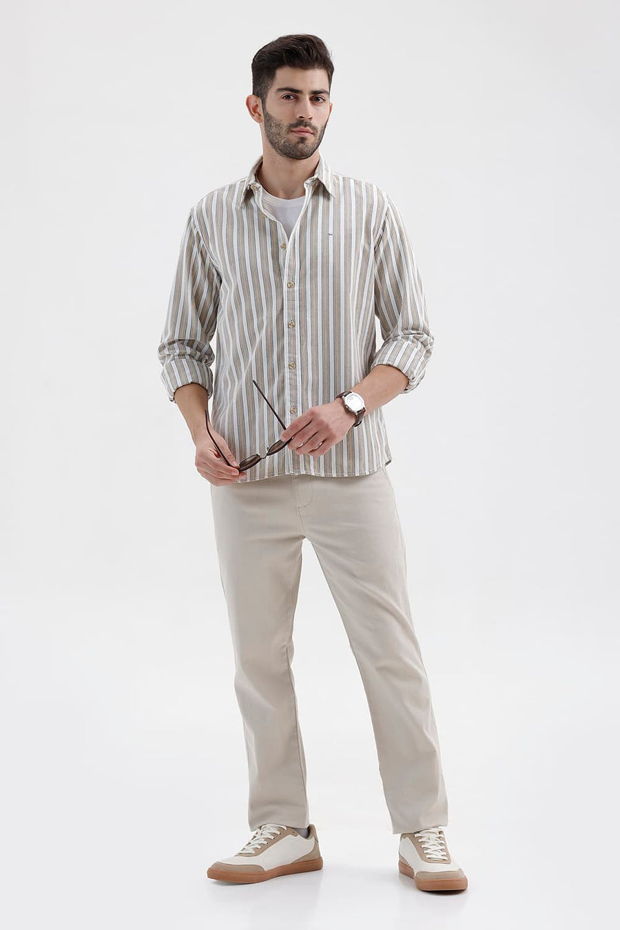BASICS SLIM FIT CLOUD ECRU COTTON CORDUROY STRIPE SHIRT