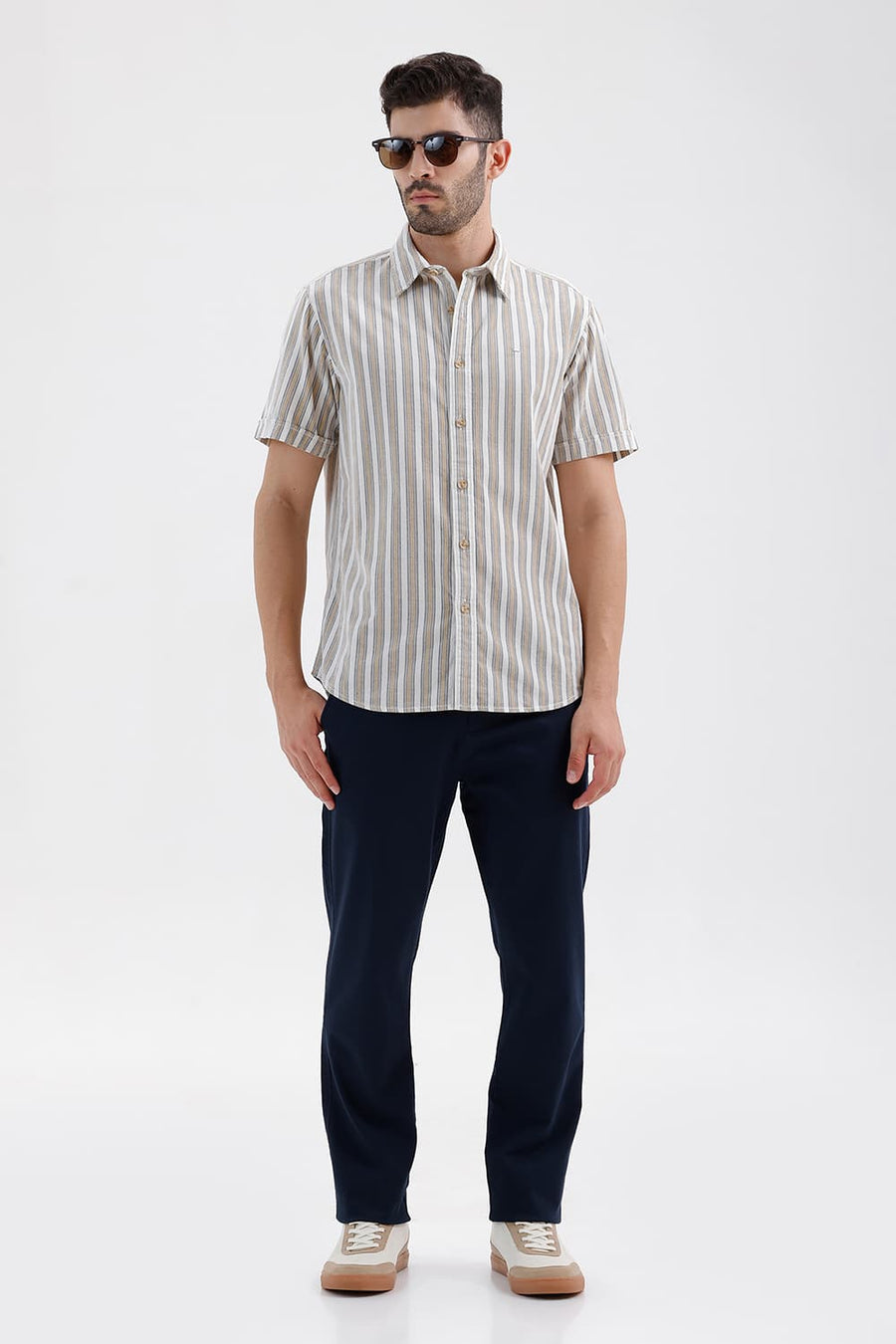BASICS SLIM FIT CLOUD ECRU COTTON CORDUROY STRIPE HALFSLEEVES SHIRT