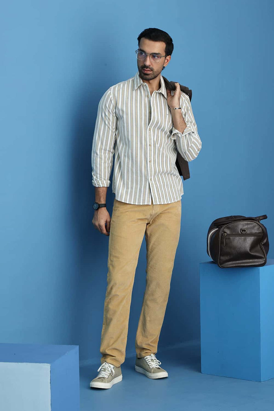 Basics Slim Fit Cloud Ecru Cotton Corduroy Stripe Shirt