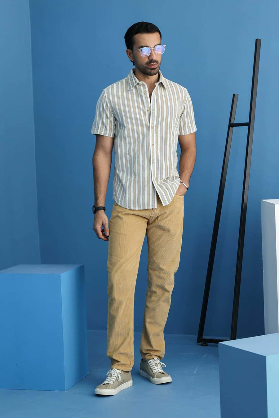Basics Slim Fit Cloud Ecru Cotton Corduroy Stripe Halfsleeves Shirt