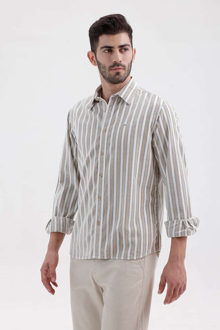 BASICS SLIM FIT CLOUD ECRU COTTON CORDUROY STRIPE SHIRT