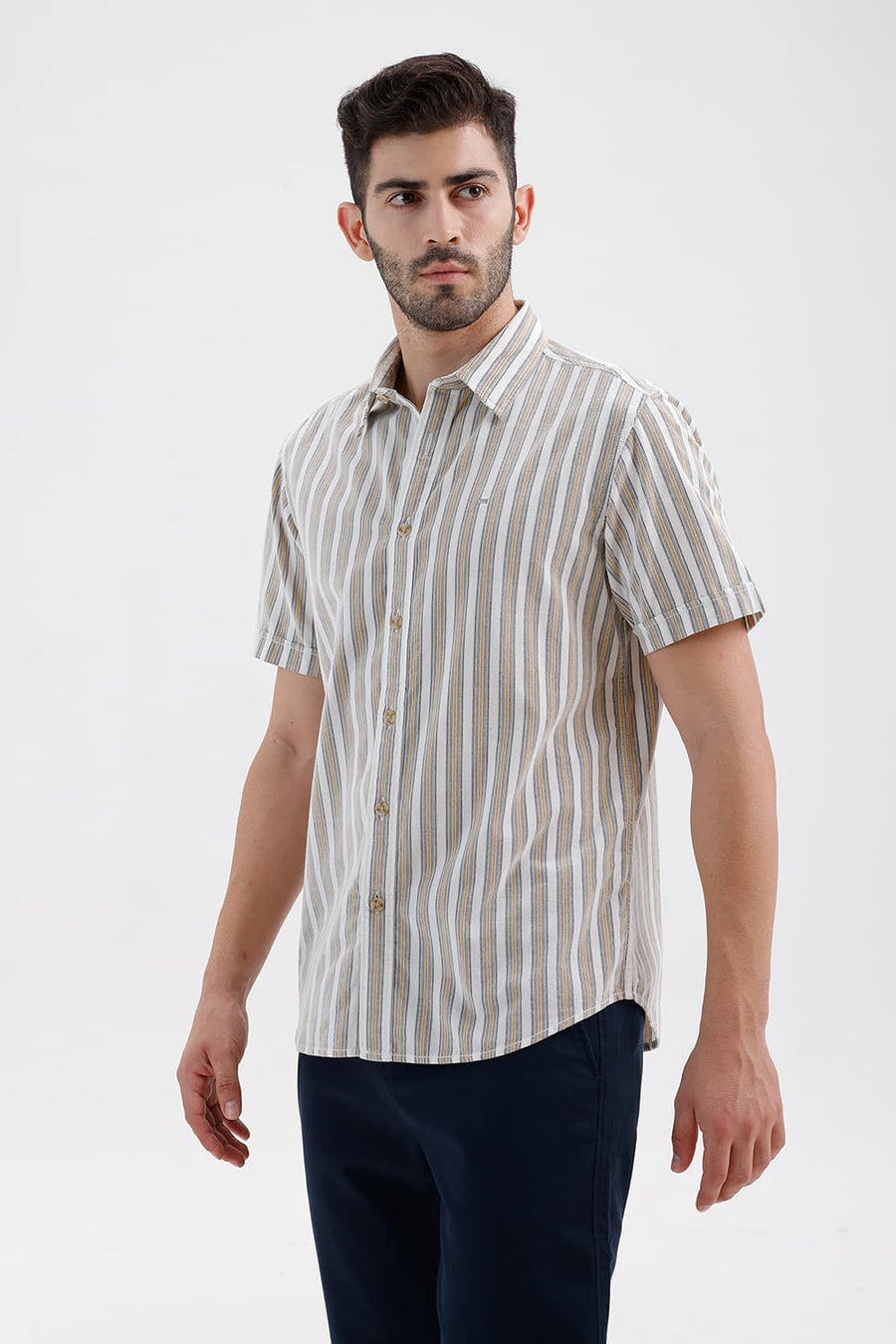 BASICS SLIM FIT CLOUD ECRU COTTON CORDUROY STRIPE HALFSLEEVES SHIRT