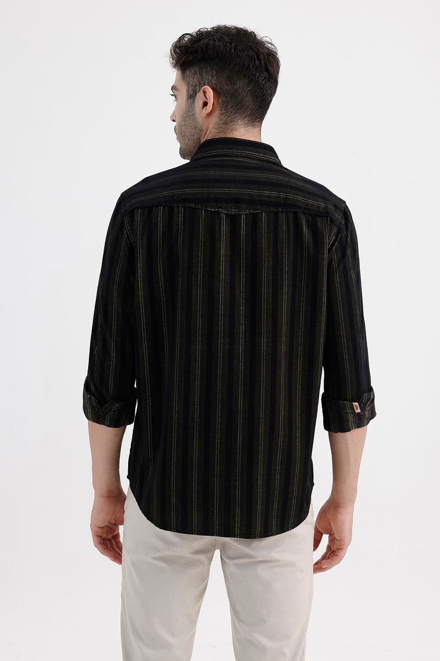 BASICS SLIM FIT ANTHRACITE BROWN COTTON CORDUROY STRIPE SHIRT