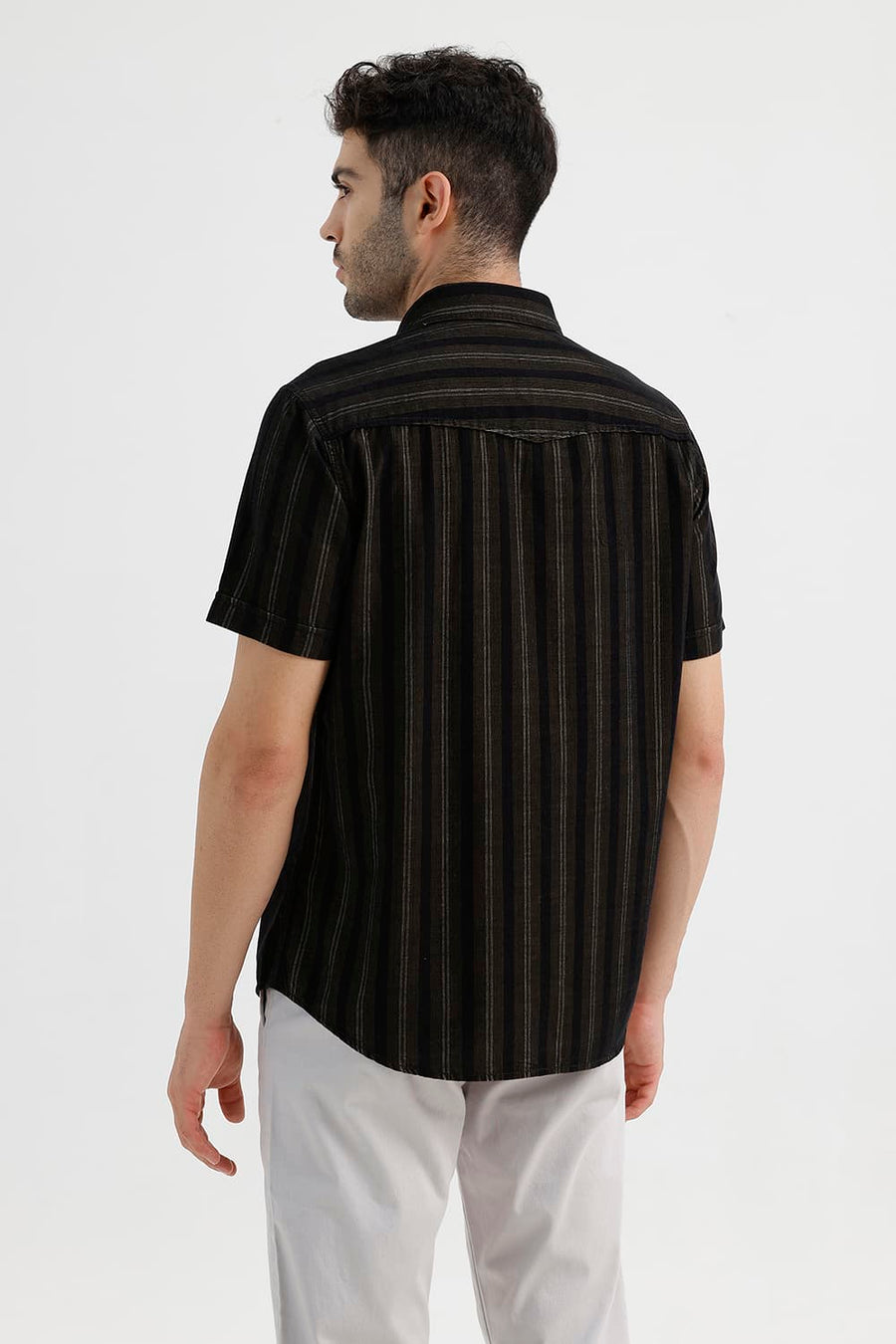 BASICS SLIM FIT ANTHRACITE BROWN COTTON CORDUROY STRIPE HALFSLEEVES SHIRT